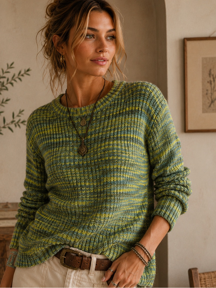 Nic+Zoe Green Multi-Stripe Crewneck Sweater